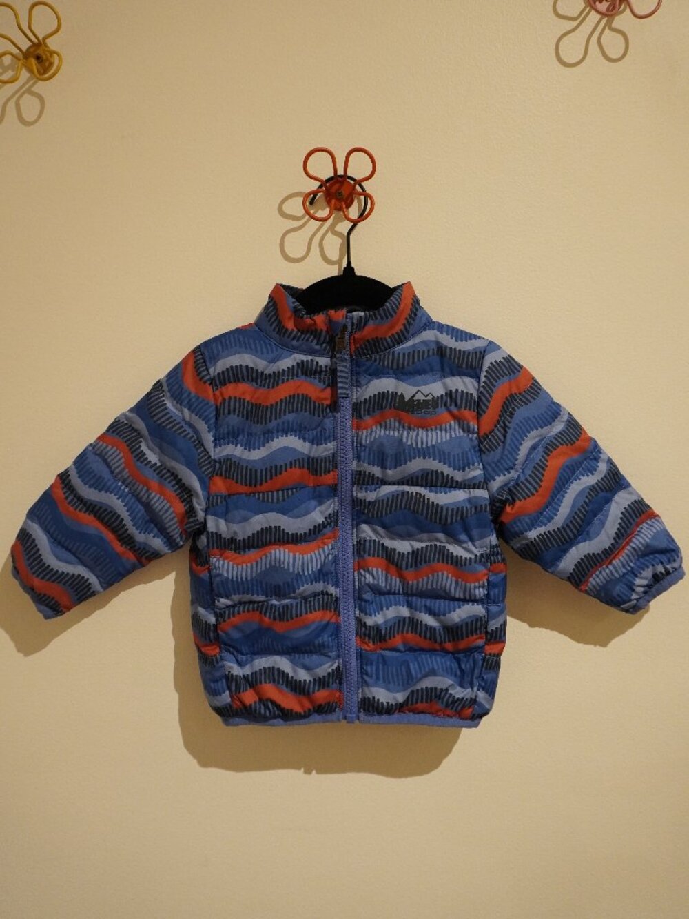 REI Reversible 650 FullZip Down Jacket Blue Orange Wavy Pattern Navy 18-24 Month